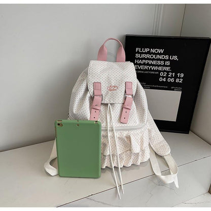 Cute Polka Dot Lace Backpack for Women Flap-top Casual Backpack Cute Nylon Bookbag - color: White