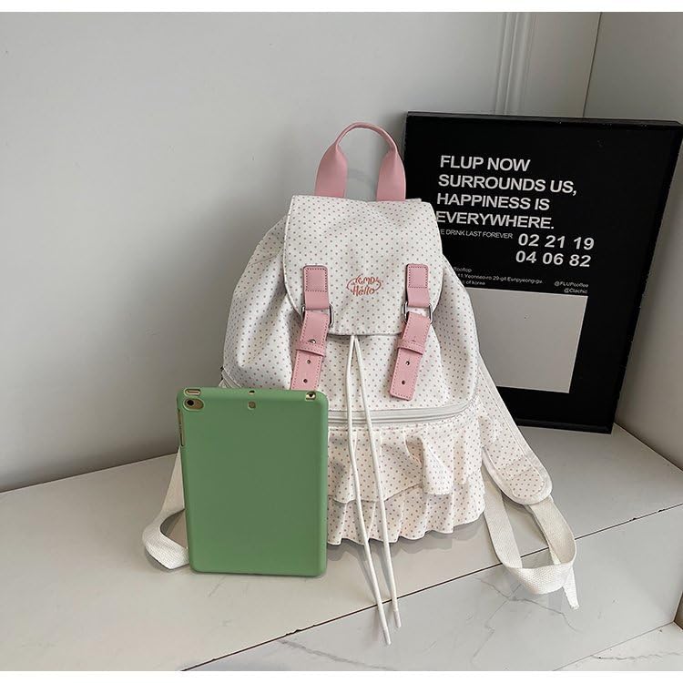 Cute Polka Dot Lace Backpack for Women Flap-top Casual Backpack Cute Nylon Bookbag - color: Grey