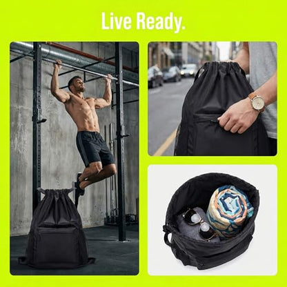 Waterproof Drawstring Backpack Gym Bag for Men Women, Lightweight Sports Cinch Sack with Front Pocket & Side Mesh Pockets, Large Capacity Durable String Bag for Gym Workout Travel Beach Swimming Black