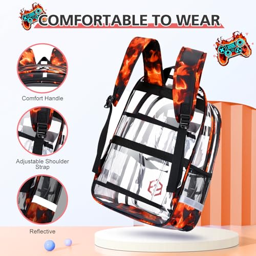 DIGOBAY 3PCS Cool Luminous Clear Backpack for Boys Kids, Gamer Clear Bookbag for School, See Through PVC Transparent Backpacks with Lunch Bag Pencil Case, Backpack Heavy Duty for School Stadium - color: Red Flame