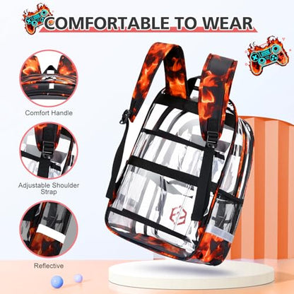 DIGOBAY 3PCS Cool Luminous Clear Backpack for Boys Kids, Gamer Clear Bookbag for School, See Through PVC Transparent Backpacks with Lunch Bag Pencil Case, Backpack Heavy Duty for School Stadium - color: Red Flame