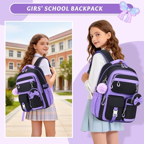 MUSEVOS Kids Teenage Girls Backpack, Elementary/Middle/High Schoolbag, Multi-Compartment Water-resistant Cute Bookbag, 17inch - color: Black-purple