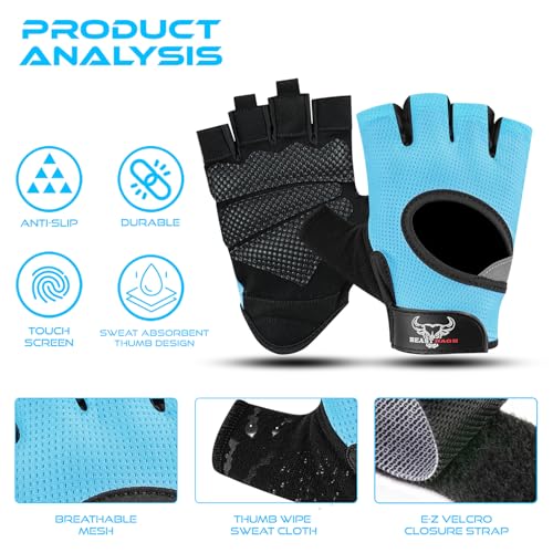 BEAST RAGE Fingerless Weight Lifting Gloves with Palm Protection Padding, Breathable Lightweight Gym Gloves for Men, Women, Weightlifting, Cycling, Exercise, Training Pull Up - color: Aqua, size: X-Large