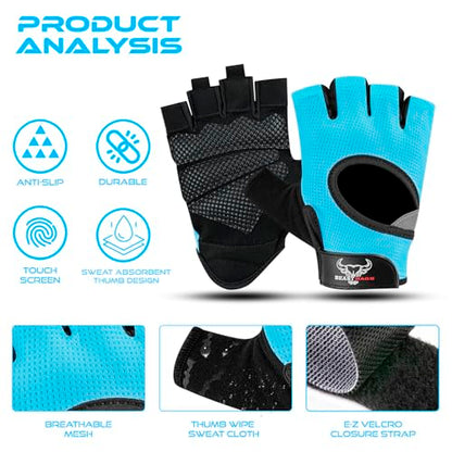 BEAST RAGE Fingerless Weight Lifting Gloves with Palm Protection Padding, Breathable Lightweight Gym Gloves for Men, Women, Weightlifting, Cycling, Exercise, Training Pull Up - color: Aqua, size: X-Large