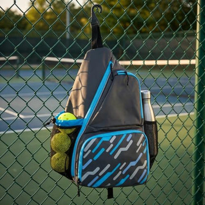 Pickleball Sling Bag with Shoe Compartment - Crossbody Backpack Fits 2 Paddles, 32oz Bottle & Fence Hook, Sports Bag for Men & Women (Shoe Limit: up to US Men's 10 / Women's 11.5) - color: Grey/Blue