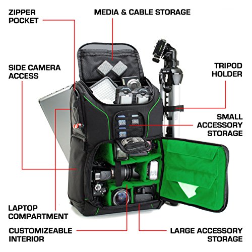 USA Gear Camera Backpack for Photographers DSLR/SLR/Mirrorless Camera Bag with Laptop Slot, Rain Cover, Tripod Holder - color: Green