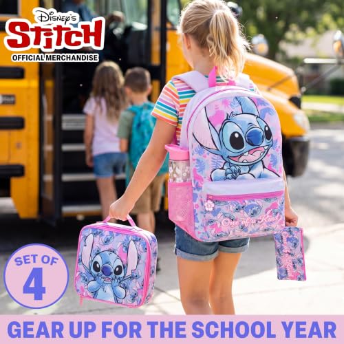 Get Trend Disney Stitch Kids Backpack 4 Piece Set | 18 inch Bookbag, Insulated Lunch Bag, Zipped Pencil Case & BPA-Free Water Bottle for School & Travel, Gifts for Girls - color: Multi Stitch