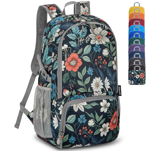 ZOMAKE Lightweight Packable Backpack 30L, Foldable Hiking Backpacks Water Resistant Compact Folding Daypack for Travel(Navy blue,Floral pattern) - color: Navy Blue,floral Pattern