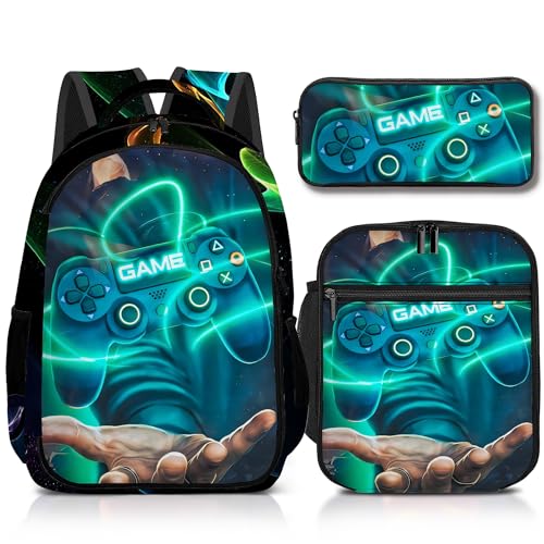 Boys Backpack with Lunch Box and Pencil Case, 3Pcs Gamer Backpack for Boys Teens, 17 Inch Large Capacity - color: GAME-LZWJ-4