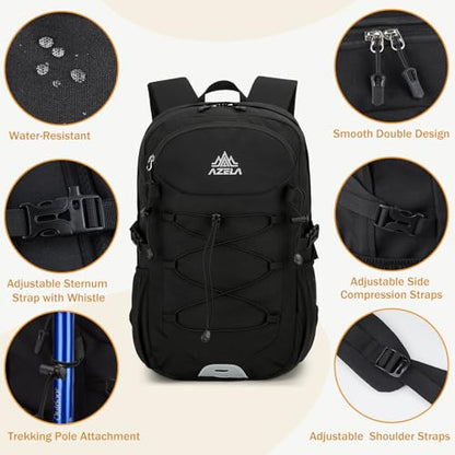 GES 30L Hiking Backpack Lightweight Water Resistant Daypack with Rain Cover & Laptop Compartment for Travel, Camping, trekking, Work(Black) - color: Black