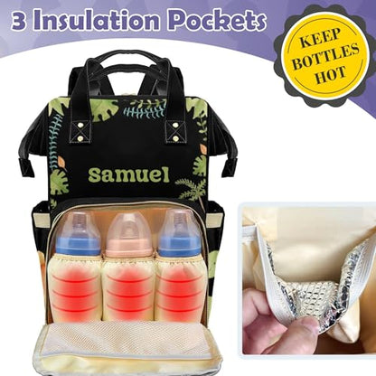 Personalized Diaper Bag with Name, Custom Cute Green Dinosaur Theme Bag, Black Monogram Nappy Backpack with Thermal Pockets for Adults, Large Capacity Waterproof Diaper Bag - color: Cute Dinosaur