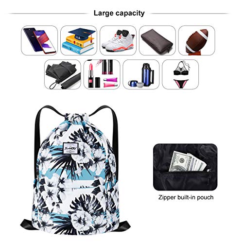 XEYOU Drawstring Sports Backpack Lightweight Gym Yoga Sackpack Shoulder Rucksack Casual Outdoor Daypack for Women and Men | Lightweight - color: Black and White Flower Pattern