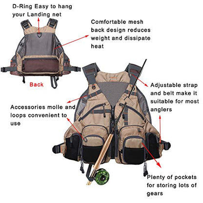 Kylebooker Fly Fishing Vest Pack Adjustable for Men and Women - color: Khaki