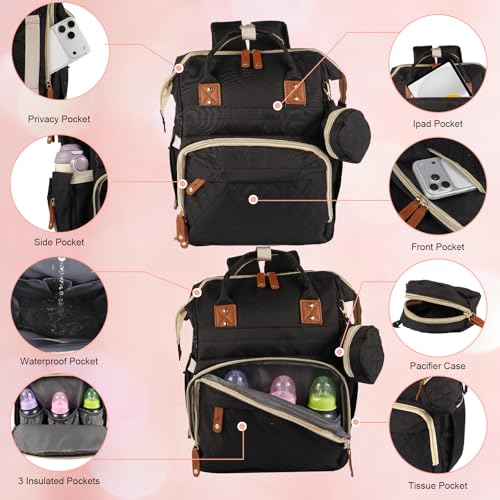 MosaiRudo Diaper Bag Backpack Baby Bag,Waterproof, Travel Diaper Bags with Pacifier Case for Baby Girl Boy Backpack for Women (Black) - color: Black