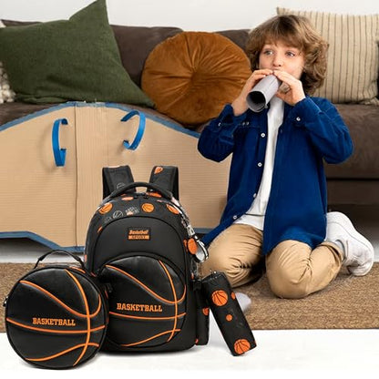 Boys' School Backpack with Lunch Box and Pencil Case - Ideal for Teens and Middle School Students, Black Basketball - color: 08 Basketball