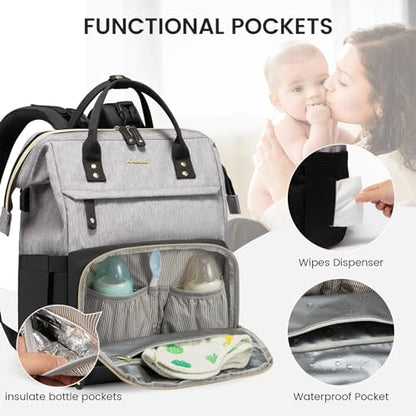 LOVEVOOK Diaper Bag Backpack, Baby Bag with Changing Station, Large Diaper Backpack for Mom Dads, Waterproof Leather Mommy Bag for Boy and Girl, Travel Essential Baby Shower, Black-Grey - color: Black-grey