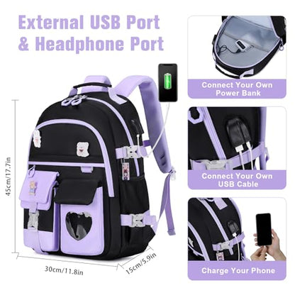 ACESAK Backpack for Girls - Bookbag Backpacks Schoolbag for Girls Kids Teen Women Casual Travel Daypacks - School Bag Elementary Middle School College Cute Backpack with Lunch Box (Purple Black) - color: Purple Black