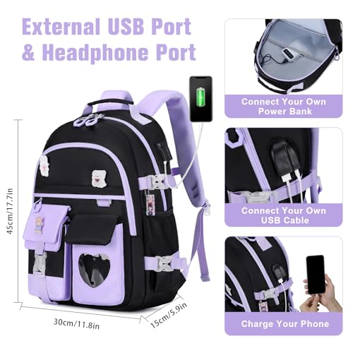 ACESAK Backpack for Girls - Bookbag Backpacks Schoolbag for Girls Kids Teen Women Casual Travel Daypacks - School Bag Elementary Middle School College Cute Backpack with Lunch Box (Purple Black) - color: Purple Black