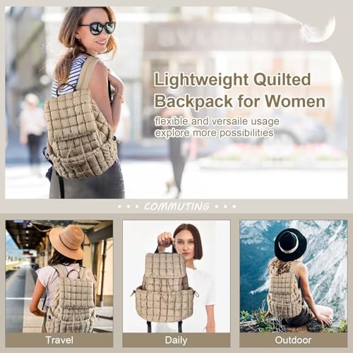 XSUIOY Quilted Backpack Purse for Women Small Lightweight Puffer Puffy College Laptop Backpack Nylon Casual Bookbag Daypack Top Flap Drawstring Padding Hiker Travel Gym Backpack(Khaki) - color: Khaki