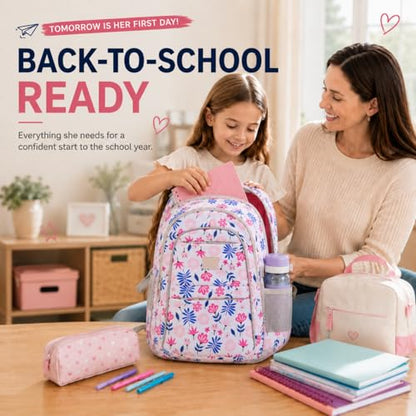 MYGOO Girls School Backpack Euclid Flower Pink Bookbag for Elementary Middle School Ages 5-12, 17 inch Large Capacity 24L Kids Student Travel Bags - color: Euclid Flower Pink