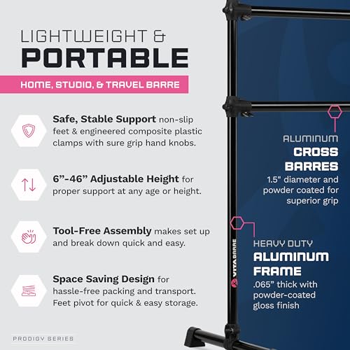 VITA Barre Portable Freestanding Double Ballet Barre, Prodigy, Aluminum | Adjustable Height, USA Made, Home or Gym Exercise Equipment for Kids & Adults | Dance, Fitness, Pilates - color: Black, style: 6 Ft