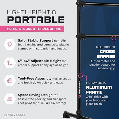 VITA Barre Portable Freestanding Double Ballet Barre, Prodigy, Aluminum | Adjustable Height, USA Made, Home or Gym Exercise Equipment for Kids & Adults | Dance, Fitness, Pilates - color: Black, style: 6 Ft