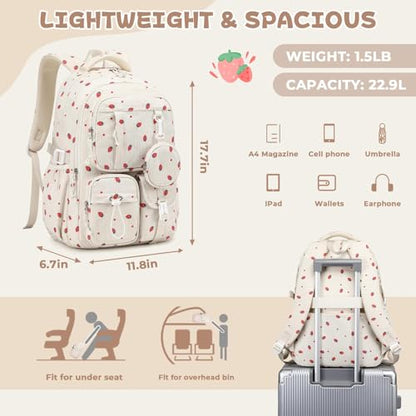 MOONBABY Girls Backpack, Kids Backpack for Girls, School bag for Primary Elementary Teenage, Middle School Students Bookbag - color: Beige Strawberry
