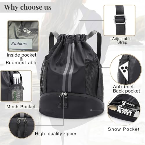 Drawstring Backpack with Shoe Compartment,Water Resistant Sports Gym Bag,String Bag for Men Women,Soccer,Basketball - color: Black