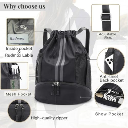 Drawstring Backpack with Shoe Compartment,Water Resistant Sports Gym Bag,String Bag for Men Women,Soccer,Basketball - color: Black