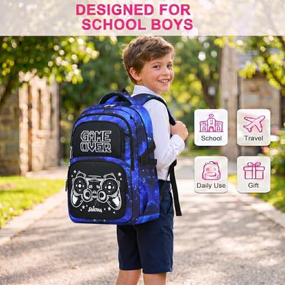 3PCS Kids Backpack Set, School Backpack with Lunch Bag & Pencil Case, Lightweight Waterproof Bookbag for Kids (Gamer Starry Blue) - color: Gamer Starry Blue