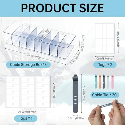 3 Pack Cable Organizer Box with Silicone Straps, Plastic Cord Management Box with Lid