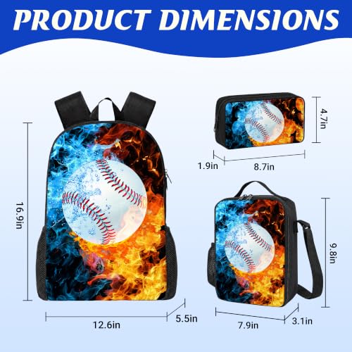 Baseball Backpack Set for School,17 Inch Casual School Bags with Lunch Box, Kids Daypack Bags and Pencil Case Set for Teens Boys Men Students - color: Ice&fire-baseball