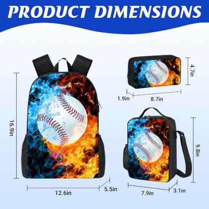 Baseball Backpack Set for School,17 Inch Casual School Bags with Lunch Box, Kids Daypack Bags and Pencil Case Set for Teens Boys Men Students - color: Ice&fire-baseball
