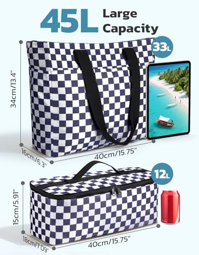 ISEYOU Beach Bag and Cooler Bag Set, 45L Waterproof XXL Foldable Tote with Zipper, 8 Pockets for Pool, Picnic, Travel - color: Blue