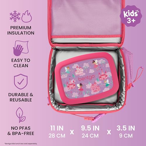 Bentgo Kids Lunch Bag - Durable, Double-Insulated Lunch Bag for Kids 3+; Holds Lunch Box, Water Bottle, & Snacks; Easy-Clean Water-Resistant Fabric & Multiple Zippered Pockets (Fairies) - color: Fairies