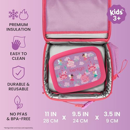 Bentgo Kids Lunch Bag - Durable, Double-Insulated Lunch Bag for Kids 3+; Holds Lunch Box, Water Bottle, & Snacks; Easy-Clean Water-Resistant Fabric & Multiple Zippered Pockets (Fairies) - color: Fairies