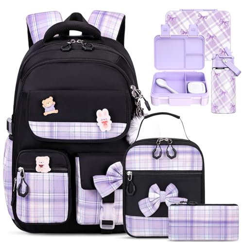 ACESAK 5PCS Backpack for Girls with Bento Box & 14oz Insulated Water Bottle - Cute School Girls Backpacks for Elementary Preschool Middle with Lunch Bag Pencial Case, Back To School (Black Purple) - color: Black Purple
