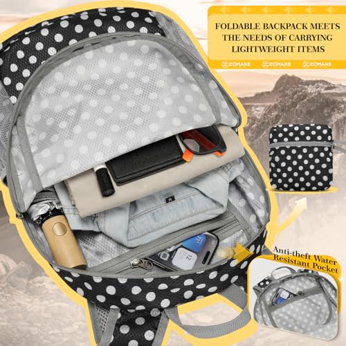 ZOMAKE Ultra Lightweight Hiking Backpack 20L, Packable Small Backpacks Water Resistant Daypack for Women Men(Black,White Polka Dot) - color: Black,white Polka Dot