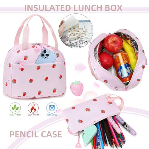 AO ALI VICTORY Backpack for Girls with Lunch Bag Kids School Bags for Elementary Middle School Students Cute Bookbag Set (strawberry set) - color: Strawberry Set