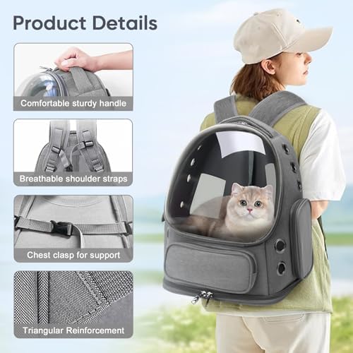 Breathable Cat Backpack Carrier, Large Space Cat Bubble Backpack for Kitty & Small Dog up to 18lbs, Foldable Cat Carrier Backpack, Transparent Airline Approved Carrier for Travel (Gray) - color: Light gray