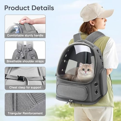 Breathable Cat Backpack Carrier, Large Space Cat Bubble Backpack for Kitty & Small Dog up to 18lbs, Foldable Cat Carrier Backpack, Transparent Airline Approved Carrier for Travel (Gray) - color: Light gray