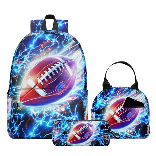 3PCS Backpack for Boys Girls, Kids Back To School Backpack Sets with Lunch Bag Pencil Case, Large Capacity 17 Inch Bookpack 3 in 1 Set for Teens Elementary Middle High School Students (Football) - color: Blue Football