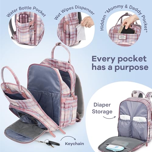 RUVALINO Diaper Bag Backpack, Multifunction Travel Pack Maternity Baby Changing Bags, Large Capacity, Waterproof, Pink Plaid - color: Pink Plaid