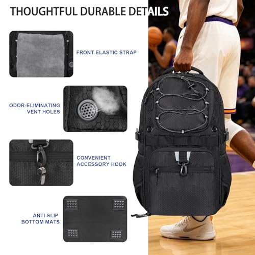 Basketball Backpack with Separate Ball & Ventilated Shoe Compartment, Sports Bag with Hook for Men Women Teens Training Travel - color: Black