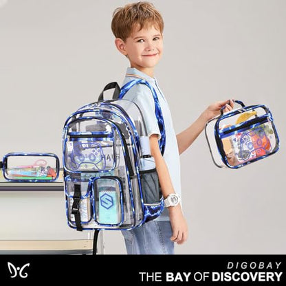 DIGOBAY 3PCS Cool Luminous Clear Backpack for Boys Kids, Gamer Clear Bookbag for School, See Through PVC Transparent Backpacks with Lunch Bag Pencil Case, Backpack Heavy Duty for School Stadium - color: Blue Lightning
