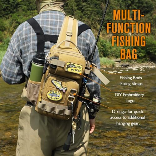Dovesun Small Fishing Backpack with Tackle Boxes Fishing Sling Bag DIY Embroidery Patches Tackle Bag Gift for Men Khaki - color: A: Fishing Tackle Backpack(khaki)