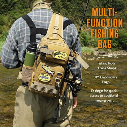 Dovesun Small Fishing Backpack with Tackle Boxes Fishing Sling Bag DIY Embroidery Patches Tackle Bag Gift for Men Khaki - color: A: Fishing Tackle Backpack(khaki)