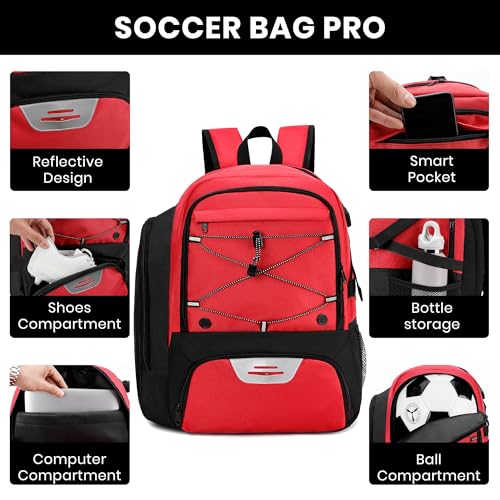 Soccer Backpack with Ball Holder,Youth soccer Bag for Basketball,Volleyball-Includes Separate Shoe Compartment&and Insulation (Red) - color: Red