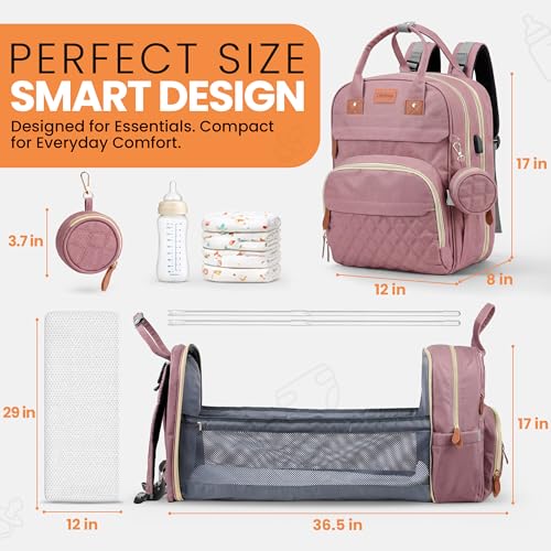 Diaper Bag Backpack with Changing Station | 600D Oxford Waterproof Baby Bag for Mom & Dad | Large Baby Diaper Bag Boy Girl | 16 Pockets, USB Charging Port, Foldable Pad - color: Perl Pink