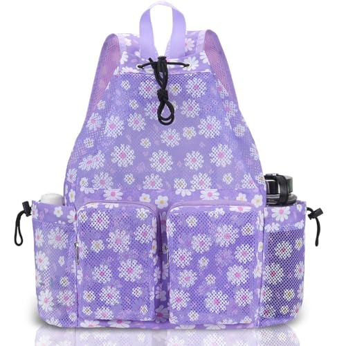 RHCPFOVR Mesh Swim Bags for Swimmers - Drawstring Backpack for Women Men Swim Team Gear Beach Gym Bag Sports - color: Purple Flowers, style: Purple Flowers